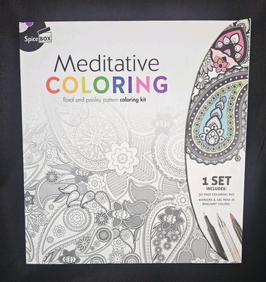 Spice Box Meditative Coloring Art Book 50 Pg 10 Markers/5 Gel Hard Cover OpenBox