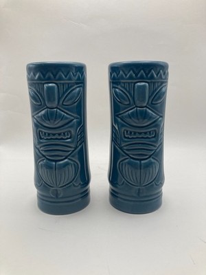 VTG HAWAIIAN TIKI MUG Tumbler CERAMIC Blue Glazed Barware Totem 6 3/4'' Set of 2