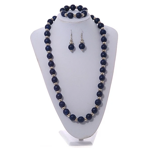 Collar, pendientes, juego de pulsera de cuentas de acrílico de madera y plata azul oscuro - 70 cm Foto 3 de 4