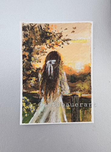 ACEO Original Woman Autumn Fields Sunset 3.5x2.5"-Acrylic Painting -Kate Bauer