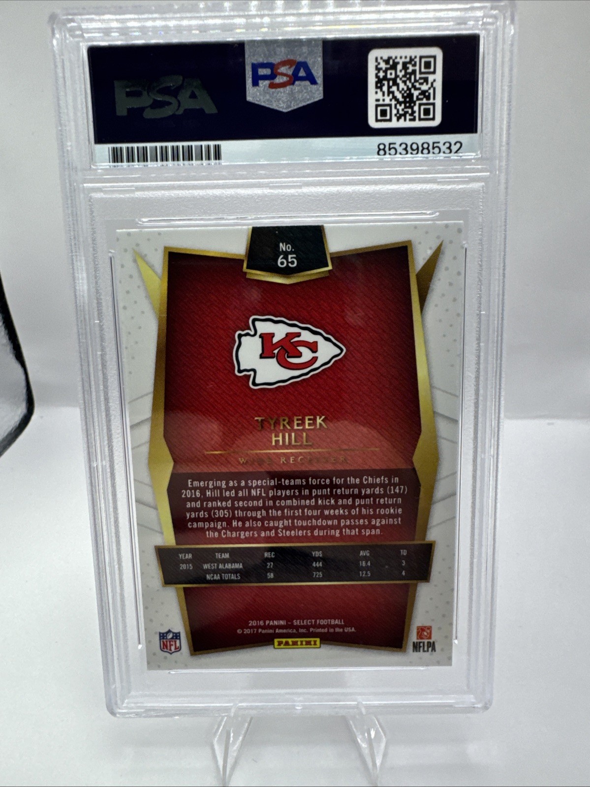 2016 Panini Select Concourse Tyreek Hill #65 (RC) Auto PSA view 2
