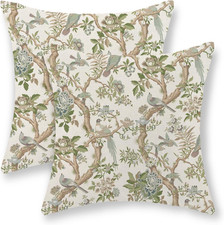 Green Floral Bird Pillow Covers 18X18 Set of 2 Chinoiserie Throw Pillows Green V