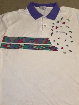 Vintage Dunlop Tennis Polo Extra Large White Geometric 80 s 90 s Abstract Print