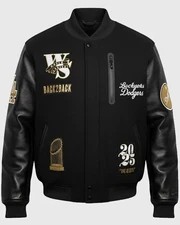 Men's Black and Gold Dodgers Bomber Jacket Wool Body Leather Sleeves Snap Front