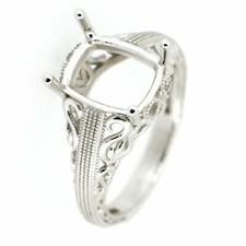 Art Deco Style Sterling Silver Semi Mount Ring Setting Cushion Cu 10x8mm