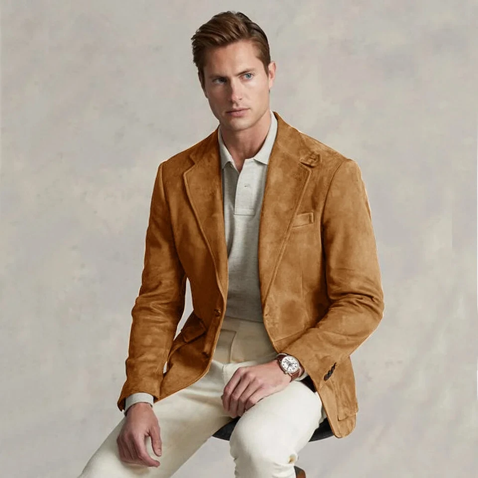 Men's Suit Jacket Suede Single Breasted Casual Elegant Male Coat for Business - Image 2 of 4