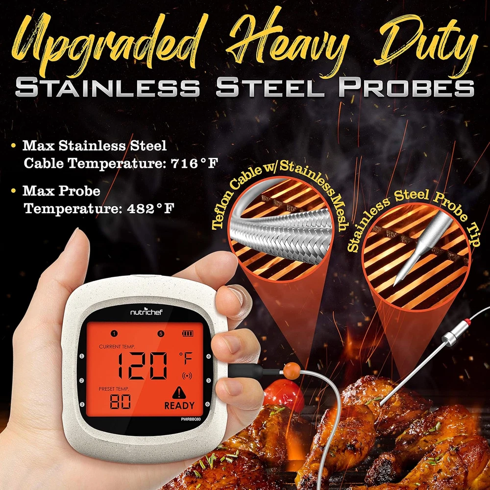 Bluetooth Meat Thermometer for Grilling and Smoking with 6 Wireless Meat Probes,