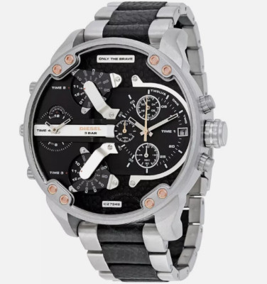 DIESEL DZ7349 MR DADDY SILVER TONE STAINLESS BLK LEATHER MENS WATCH 57mm