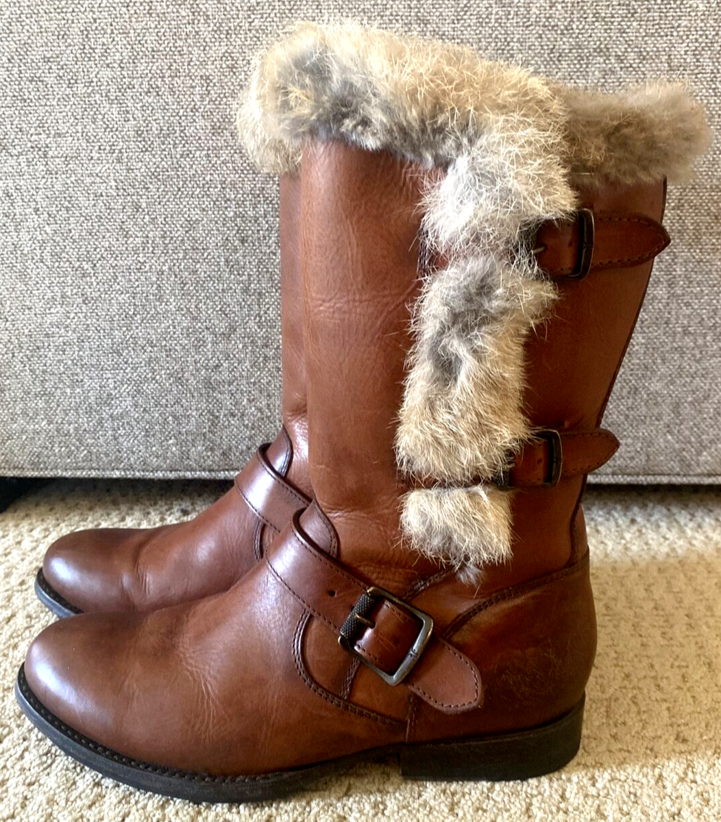Frye Jamie Luxe Rabbit Fur Sz 8 Brown Leather Buckle Zip  display picture 1