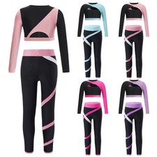 Kids Girls Set Long Sleeve Suit Color Block Outfits Sports Keyhole Front Yoga