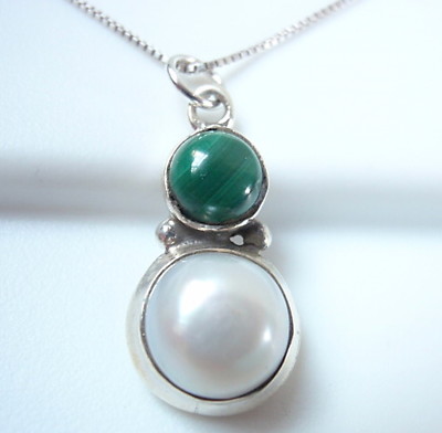 Cultured Pearl and Malachite Double Round 925 Sterling Silver Pendant