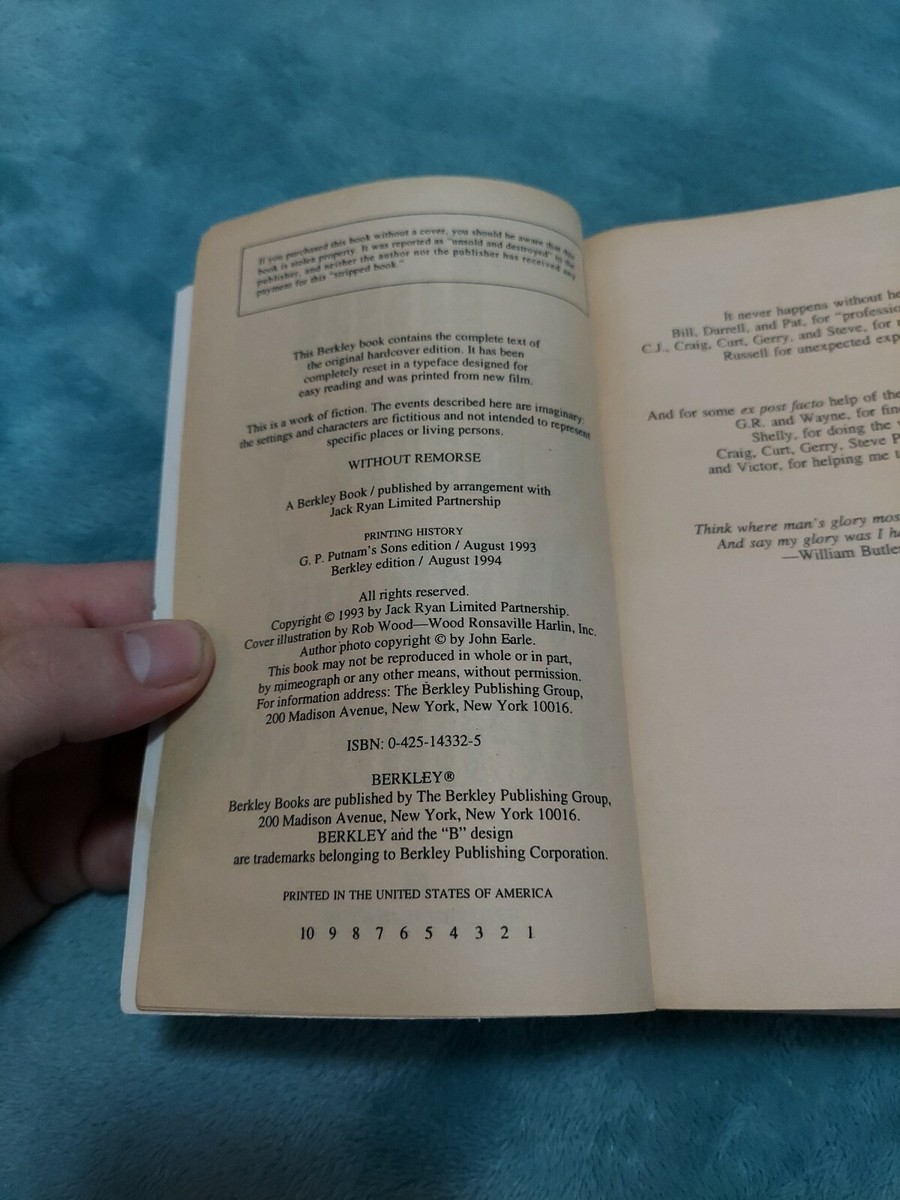WITHOUT REMORSE「EXECUTION STYLE」 Without Remorse by Tom Clancy Paperback Bestseller Mr Clark