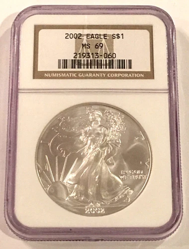 2002 AMERICAN SILVER EAGLE NGC MS69, GOLD LABEL