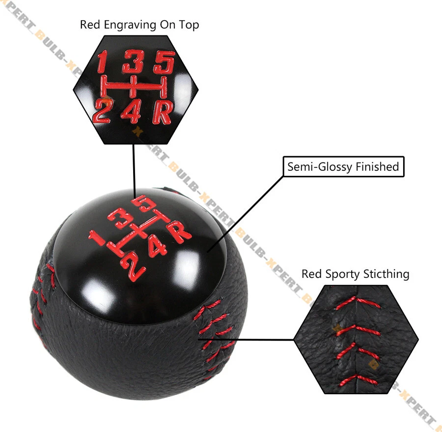 Perilla de cambio manual redonda de 5 velocidades de cuero con costura roja para Mitsubishi Mazda Foto 4 de 4