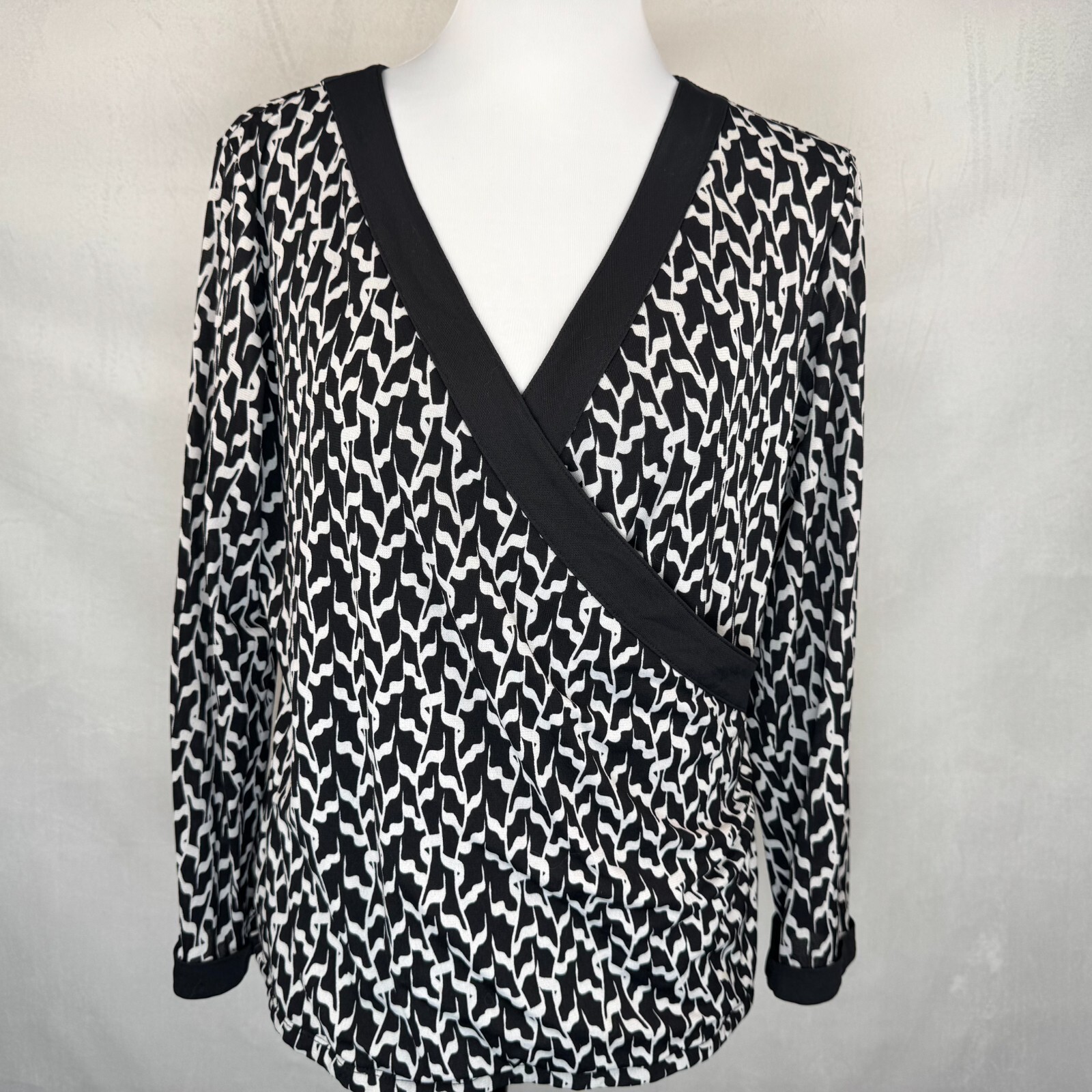 Charter Club Top Sz  XL Black Silver Print Faux Wrap Mesh Long Sleeve Black Trim