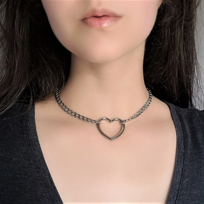 Set Collana A Catena Scorrevole Con Ciondolo A Cuore E Orecchini A Bottone In Acciaio Inossidabile, Argento