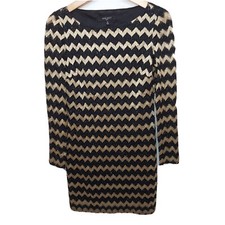 Nine West Shift Dress 8 M Black Gold Chevron Long Sleeve Cocktail Party Holiday