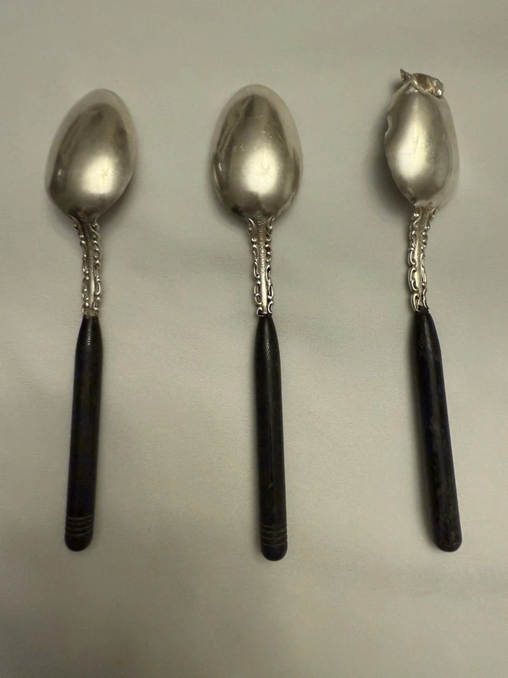 Juego de 3 cucharas de plata esterlina Watson Mechanics 1891 patente mango de madera de ébano Foto 2 de 4
