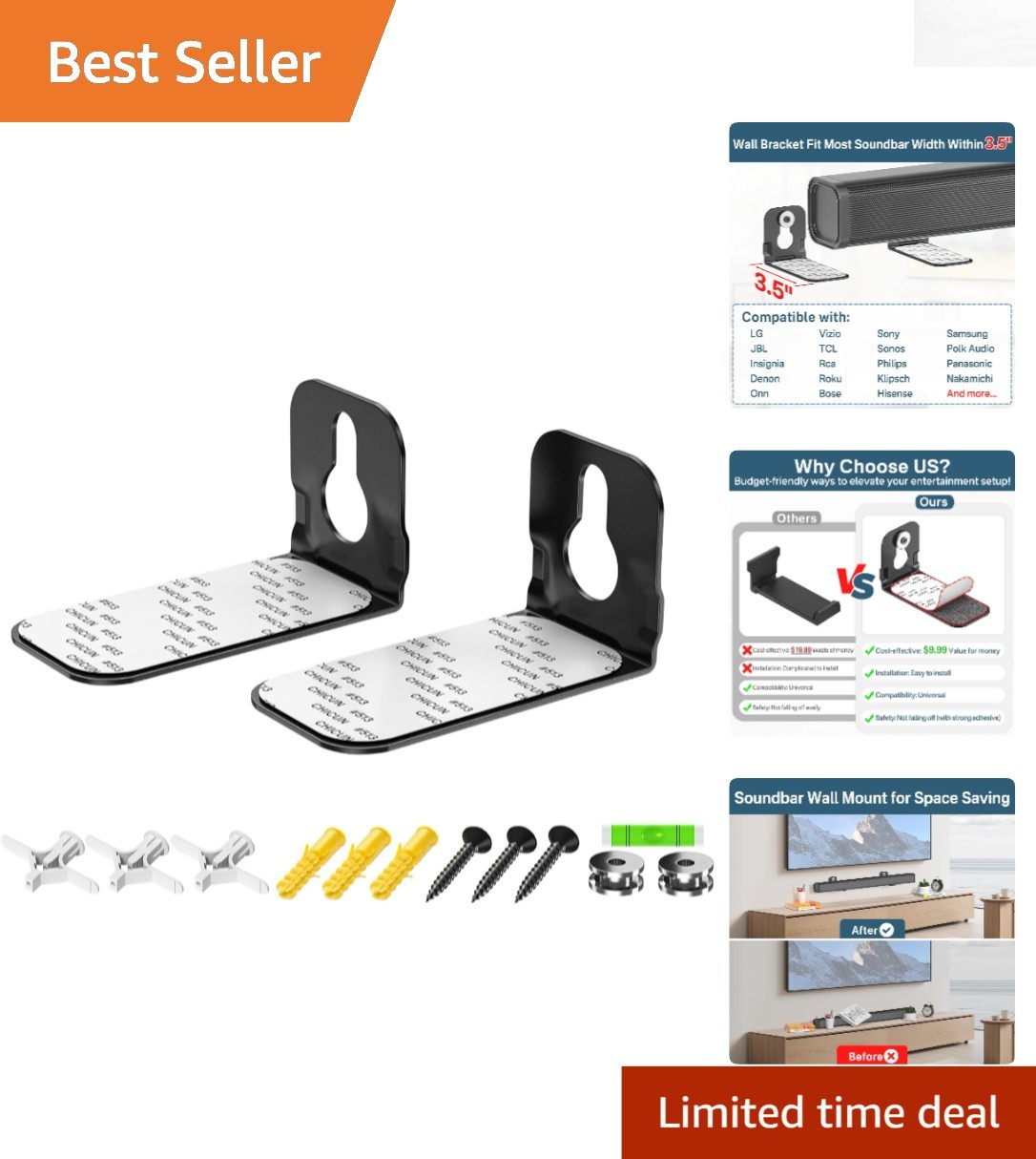 Durable Metal Soundbar Wall Mount - Non-Slip Design, Fits Major Brands, Black