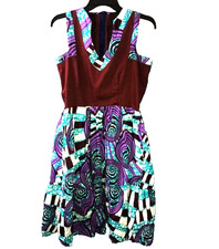 Handmade African Wax Cloth Sleeveless Dress w/Flare - Midi Bubble Skirt