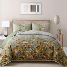 Quilt Set King Size 3 Pieces Green-Brown Floral Bedspread Coverlet Set Soft
