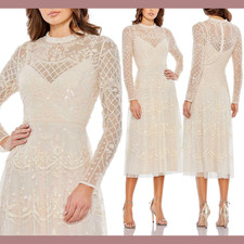 NEW Mac Duggal [ 4 ] 9142 Sequined Illusion Long Sleeve Midi Dress Nude #S1345