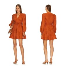 Ulla Johnson Orange Cotton Ruffle Tiered V Neck Long Sleeve Mini Dress