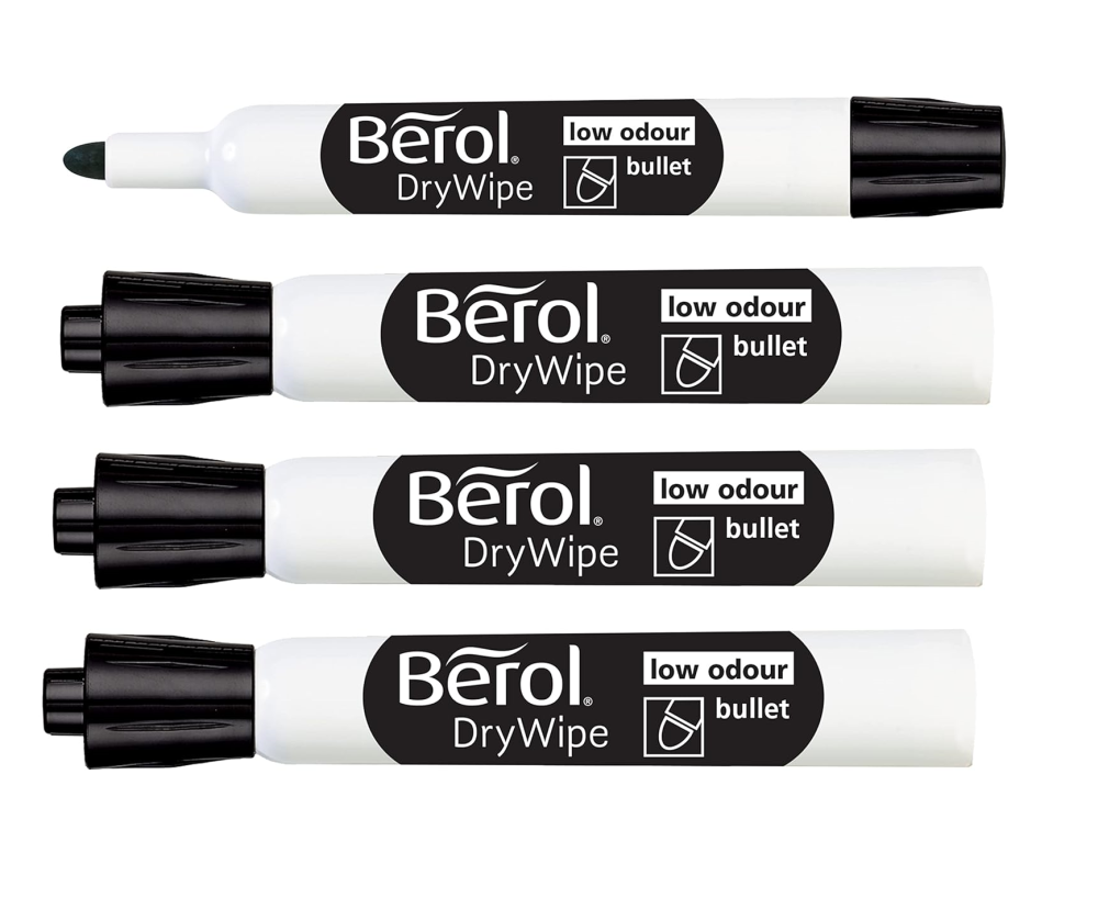 4 Pack Berol Dry Wipe Whiteboard Marker Pens | Bullet Tip | Black 2mm - VAT inc