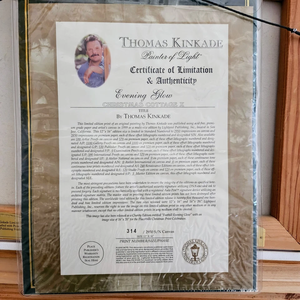 Thomas Kincade Painting "Evening Glow" With Certificate 12" X 16" $425 OBO - Image 3 of 3