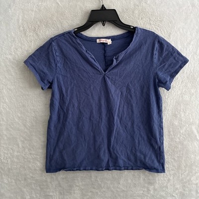 Fresh Produce Womans Blouse Top Solid Blue Small Cotton Short Sleeve V Neck