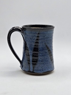 Studio Art Pottery Mug Blue With Black Leaf Design