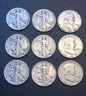 Lot 9~ 1941–1945 Liberty Walking Silver Half Dollar+ 1948 1952 1957 Franklin USA