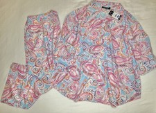 2pc New Ralph Lauren Pink Paisley 3/4 Sleeve Top Capri Pants Pajama Set Women XL