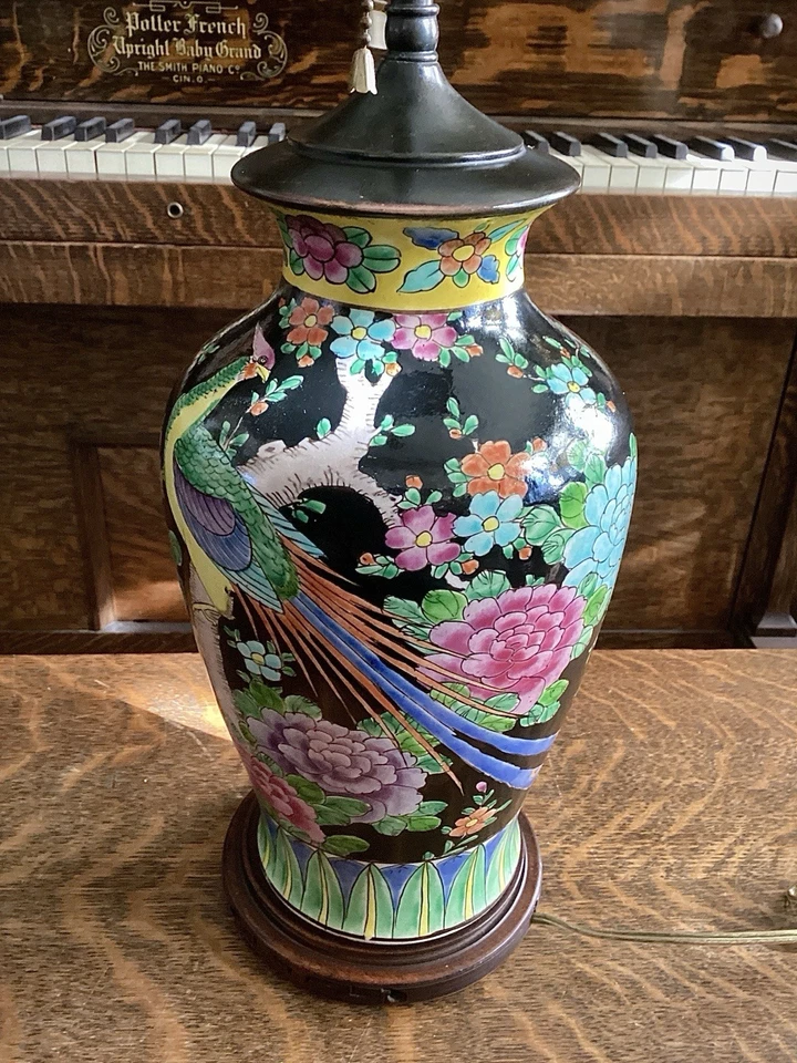 Japanese Cloisonné Style Vase Lamp Peony Bird Design Antique Asian Decor - Image 2 of 4