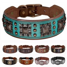 Wide Luxury Leather Studded Pet Dog Collar Heavy Duty Pitbull Rottweiler Large