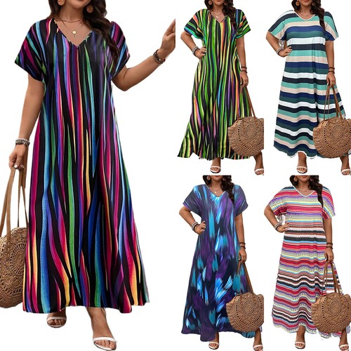 Plus Size Women Print T-Shirt Dress Ladies Short Sleeve V-Neck Casual Maxi Dress
