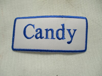 CANDY  NEW EMBROIDERED  SEW / IRON ON NAME PATCH BLUE ON WHITE