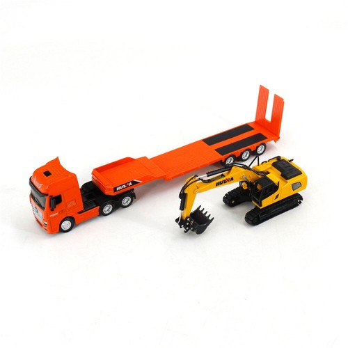 Huina 1:50 Flatbed Trailer Truck Vehicle + Excavator Car Alloy Truck Diecast Toy - Picture 6 of 8