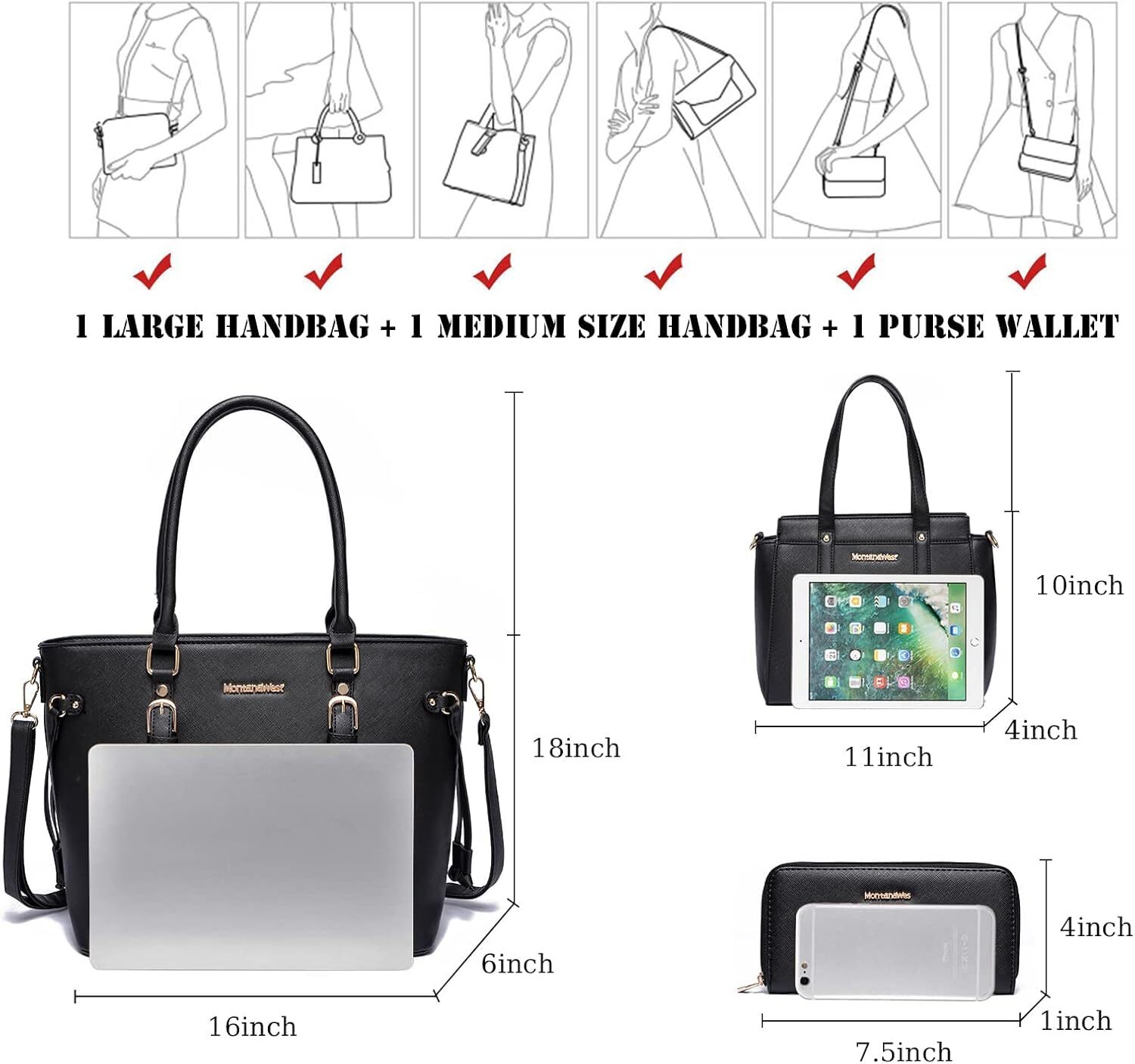 Montana West Purses and Handbags for Women Tote Purse Wallet Set *Black 