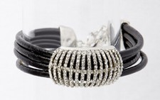 Women's Bling Black Leather Cords w Bling Pave Slider Bracelet 8" New