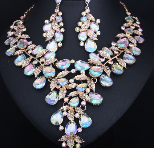 Crystal Jewelry Set Statement Necklace Earring Choker Bibs Women Bridal Wedding - Picture 28 of 174