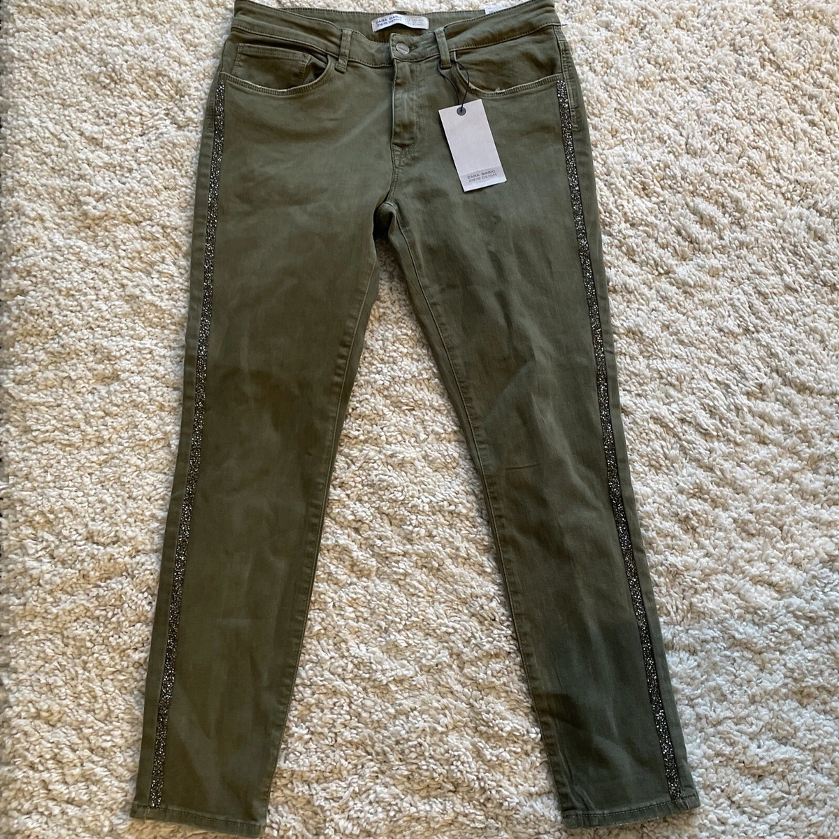 ZARA BASIC Z1975 DENIM Crystal Rhinestone Stripe Olive Green Skinny Jeans 42