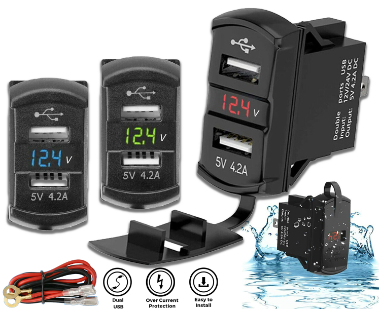 Riloer 12V Auto Control Switch Panel Voltmeter Dual USB Charger Blauw/Groen/Rood LED Licht
