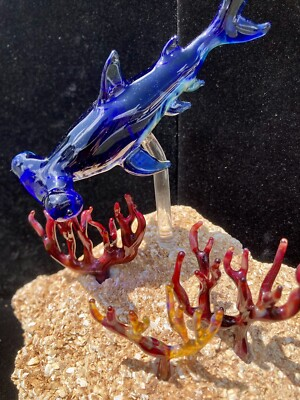 #ad Hammerhead Shark Sculpture Glass Art Hand Made Coquina Shell coral Reef Figure $799.00