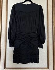 ISABEL MARANT Black Mini Dress Pleated Yoke Lng Sleeve Ruched Cocktail  Sz 34