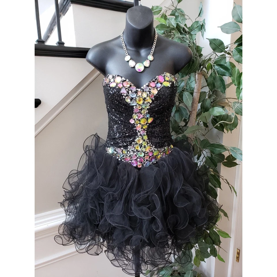 Fiesta 舞会礼服女式 XS 黑色水钻涤纶串珠露肩 — 第 2/4 张图片