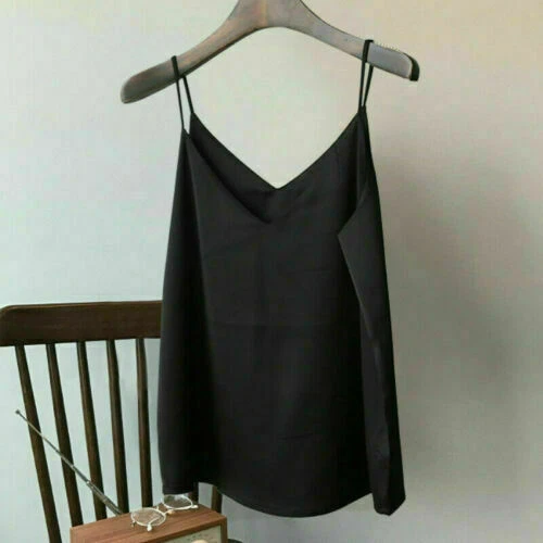Damen Satin Seide Camisole Tank Top Träger V-Ausschnitt Träger Unterhemd Freizeit Basic Top - Bild 13 von 36
