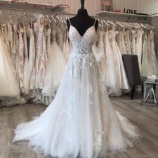 Boho Wedding Dresses Spaghetti Straps Tulle Appliques A Line Bridal Gowns Train
