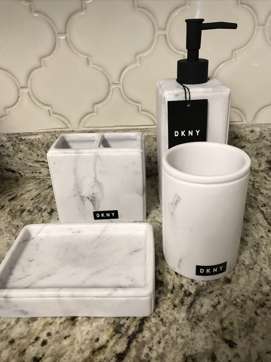 NEW DKNY 4 PC SET Marble Pattern SOAP DISPENSER,SOAP DISH, BRUSH