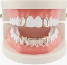 14K Gold Plated 2 Open Face Cap Grillz Teeth & 1 Open Face Lower Fangs 3pc Set